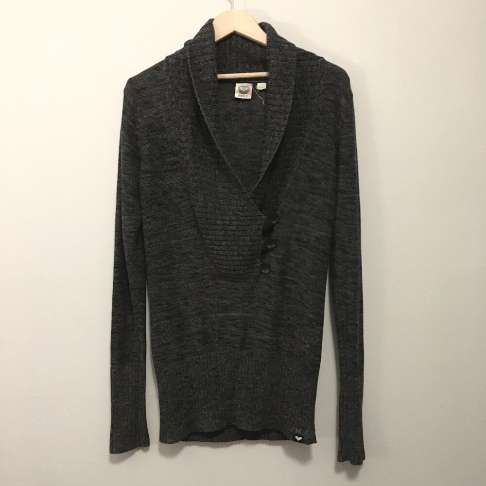 90s Grunge Roxy Grey Marled Knit Buttoned Cowl Neck Sweater - L